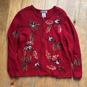 Embroidered Red Zip Up Cardigan Sweater with Bird Design XL